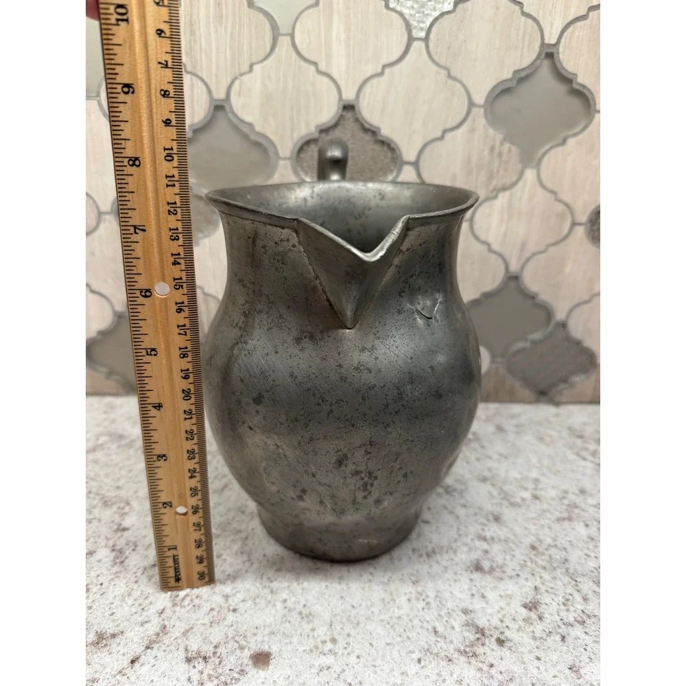 Antique Pewter Pitcher 3444 Hallmarked Primitive Farmhouse Decor 8 Inch Silver